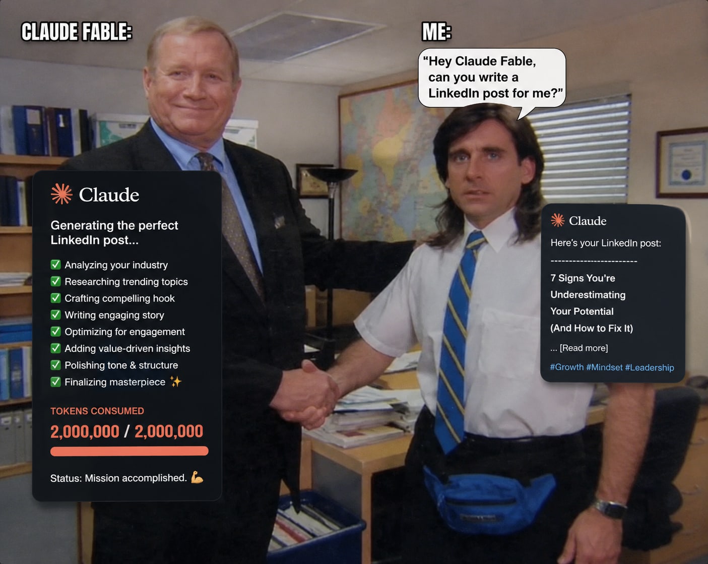 Claude Fable shaking hands with me, having consumed two million tokens to produce a generic LinkedIn listicle