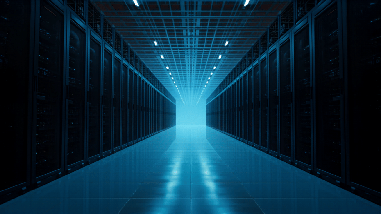 Hyperscale datacentre with cold-aisle server stacks receding in perspective.