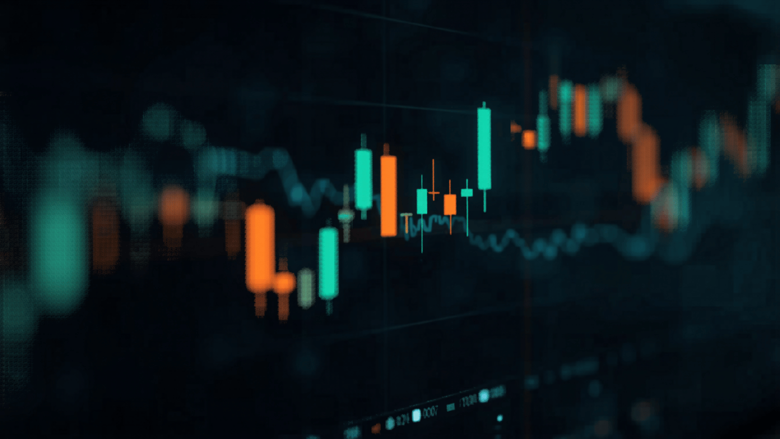 Financial trading terminal with charts glowing on a dark background.