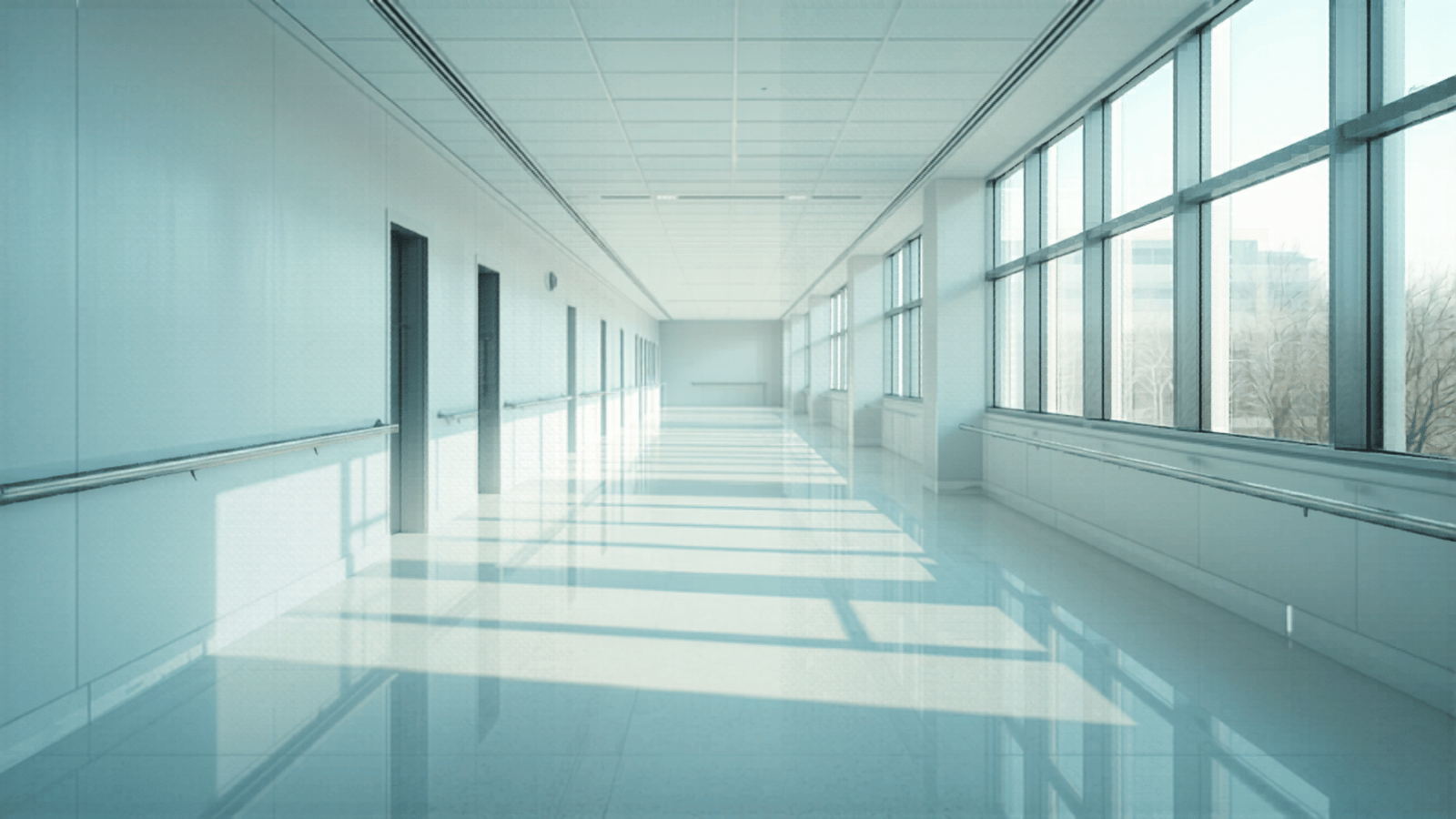 Modern hospital corridor with soft directional natural light.