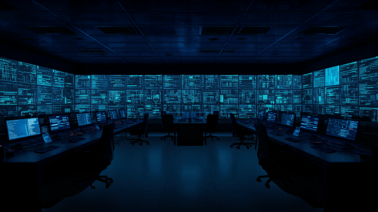 Security operations centre monitor wall in cool blue ambient light.